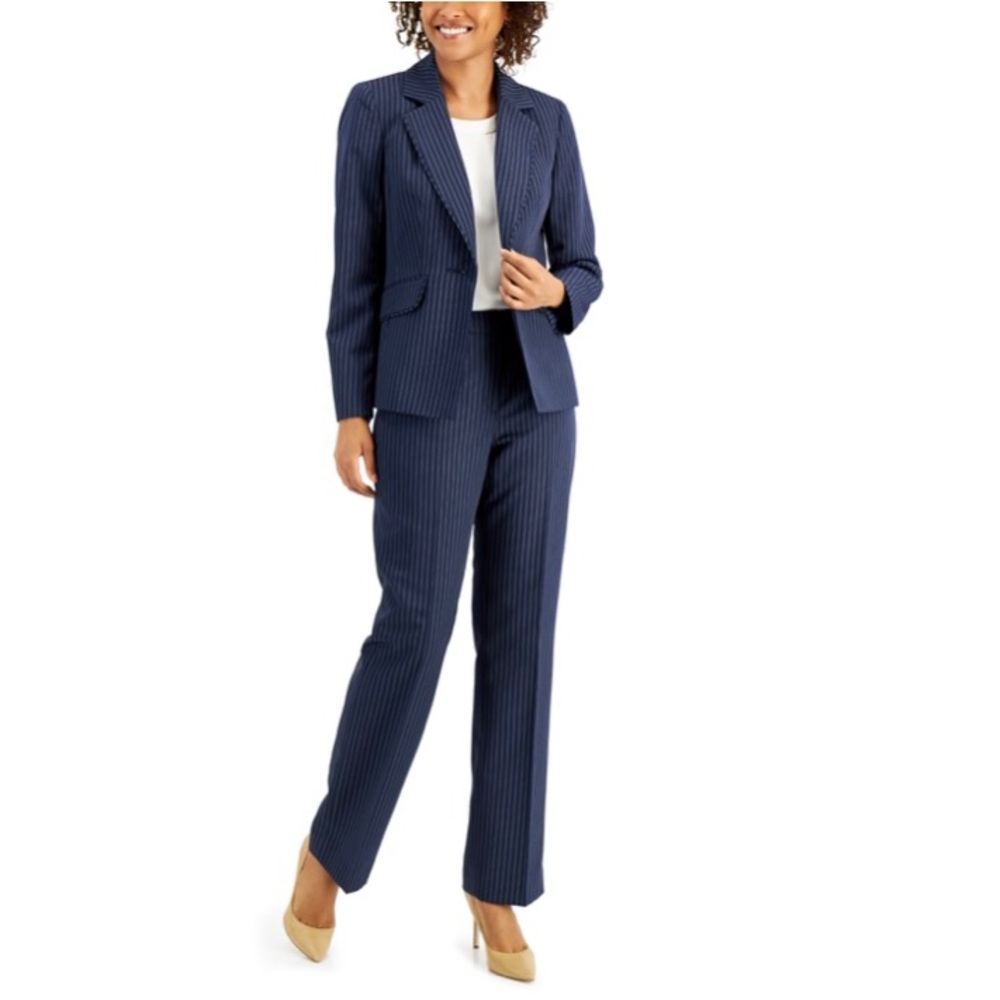 Le Suit Petite Blue Pinstriped Pantsuit - jacket + pants - NEW